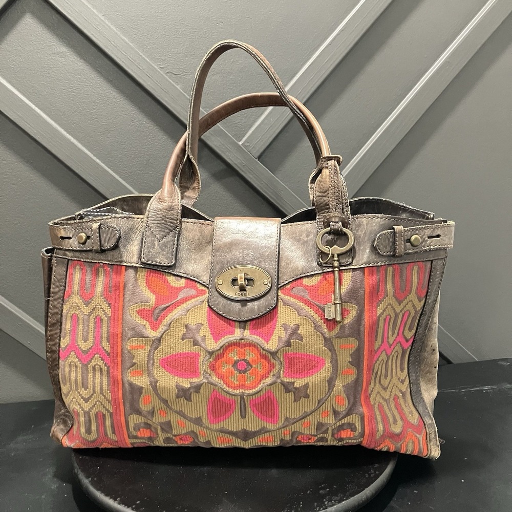 Fossil Vintage Leather Tapestry Satchel Handbag Boho Floral Key Charm Brown